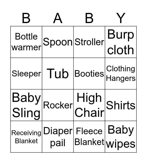 Kristin's Baby Shower Bingo Card