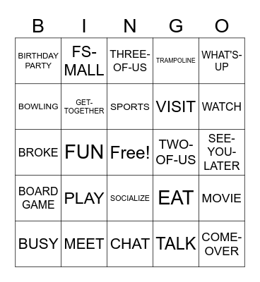 SOCIALIZING VOCABULARY Bingo Card