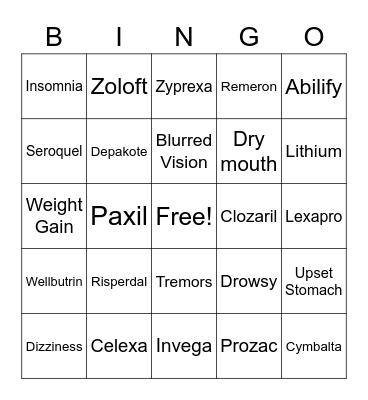 Mental Health Meds Bingo Card