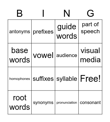 Dictionary Skills Bingo Card