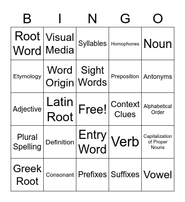 Dictionary Skills Bingo Card