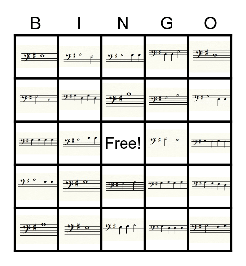 Key of G Bass Clef Bingo Card