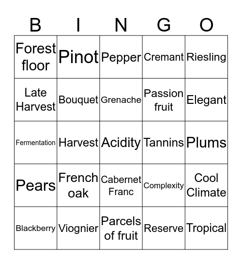 SARRAH Winery Bingo 2015 Bingo Card