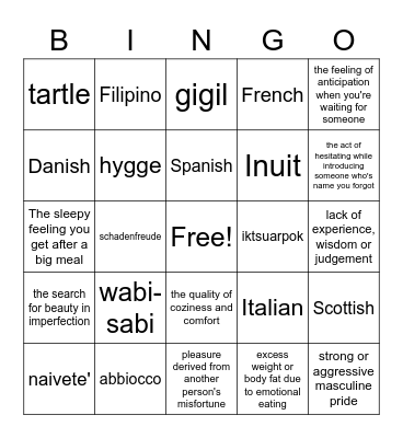 English has no Equal Word Bingo Card
