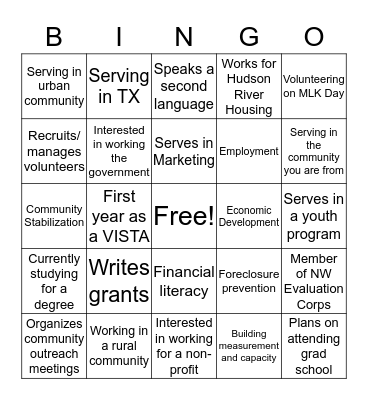 NeighborWorks VISTAs Bingo Card