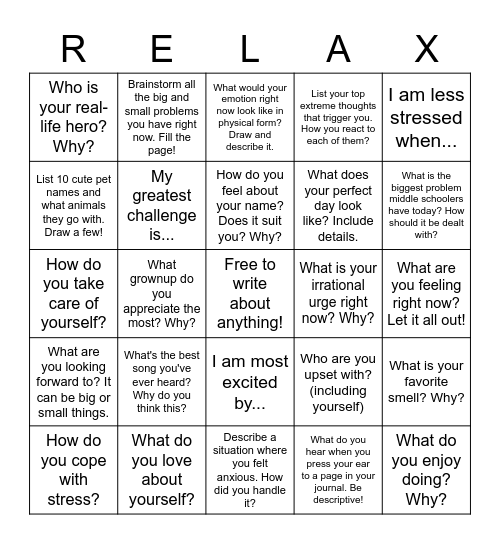 Can't think of anything to write? Bingo Card