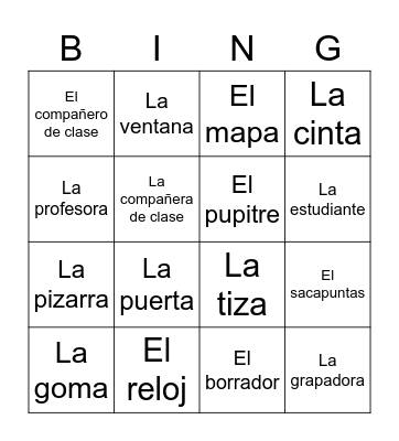 Cosas en el aula Bingo Card