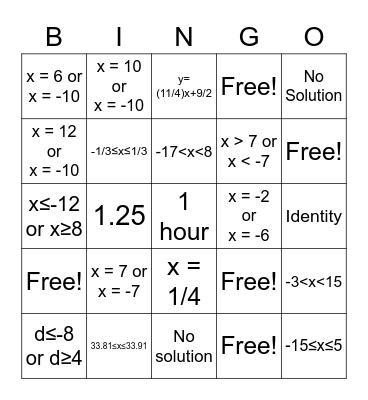 Absolute Value Review Bingo Card