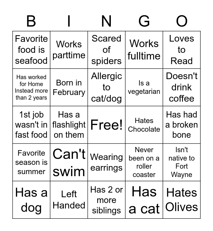 Care Professional Bingo Card