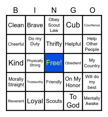 Cub Scout Oath and Law Bingo Card