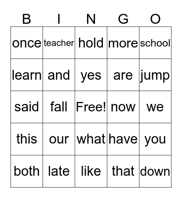 Week 10 Sight Words Bingo Card