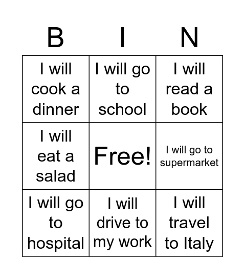 Future Simple Bingo Card