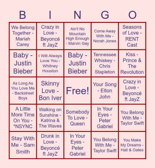 Love Song Bingo! Bingo Card