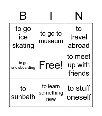 Vacation activities Bingo Card