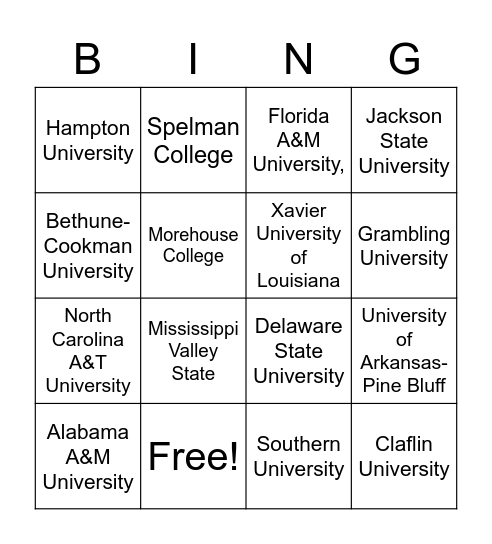 Historically Black Colleges and Universities Bingo Card
