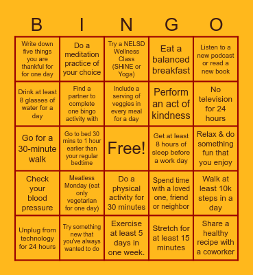 NELSD February Wellness Bingo Card