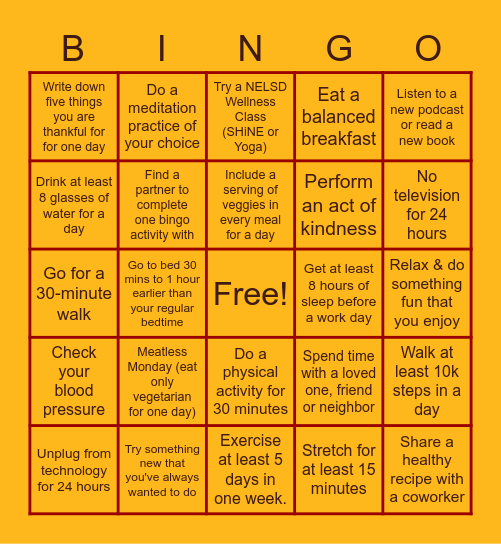 NELSD February Wellness Bingo Card