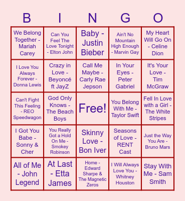 Love Song Bingo Card