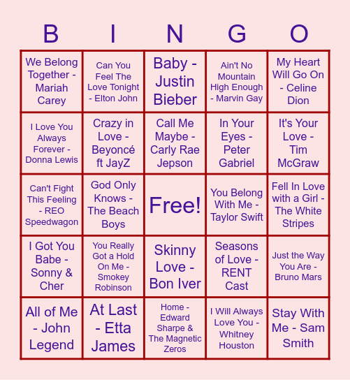 Love Song Bingo Card