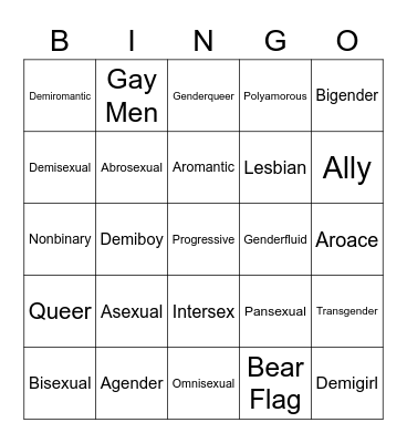 Pride Flag Bingo Card