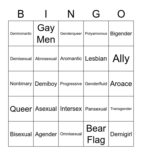 Pride Flag Bingo Card