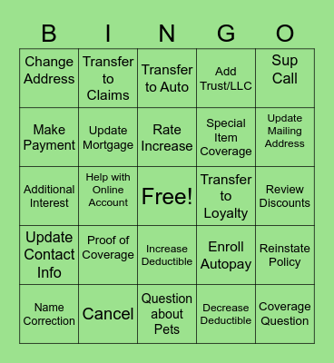 INSURANCE BINGO Card