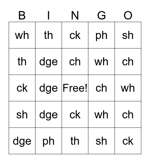 Digraph Bingo Card