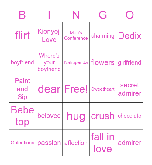 O2 Valentine's Bingo Card