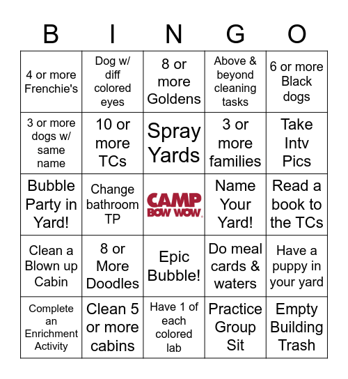 Camp Counselor Bingo Card