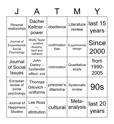 Social Psych Journal Bingo Card