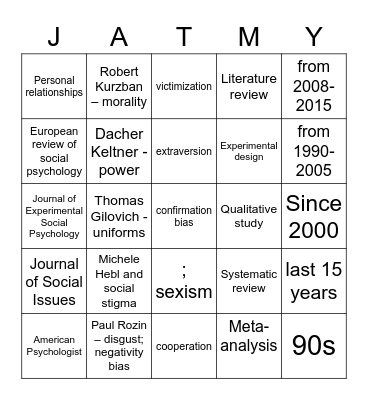 Social Psych Journal Bingo Card