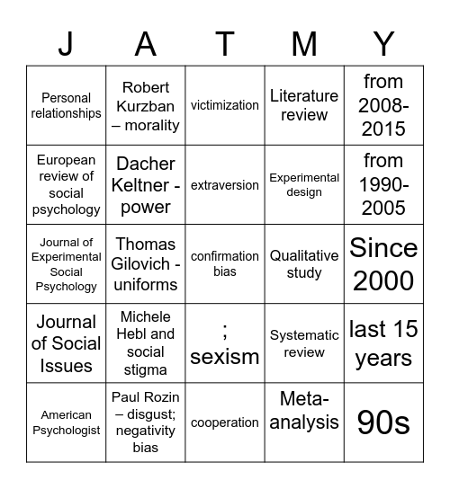 Social Psych Journal Bingo Card