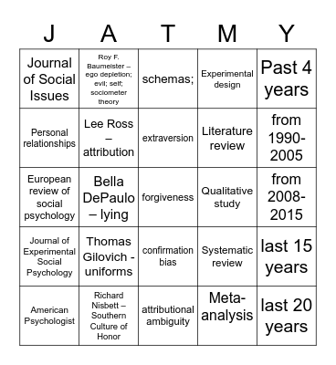 Social Psych Journal Bingo Card