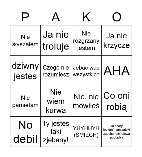 Pako dzban Bingo Card