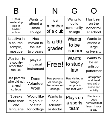 College Prep Ice Breaker Bingo Card