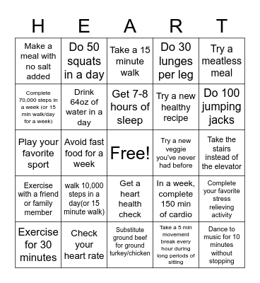 Heart Health Bingo Card