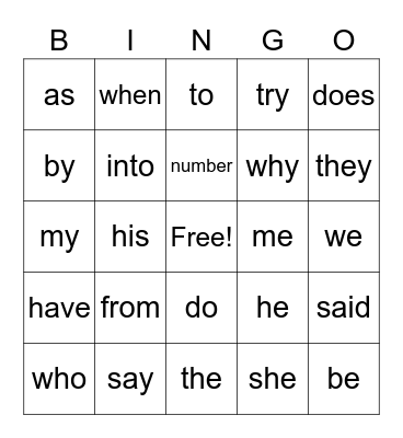Trick Word Bingo Card