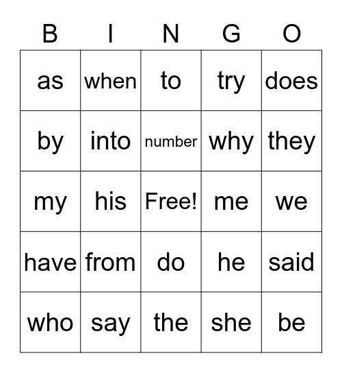 Trick Word Bingo Card