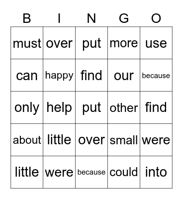 Sight Words Bingo Card