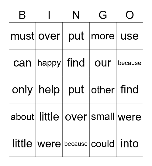 Sight Words Bingo Card