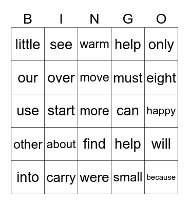 Sight Words Bingo Card