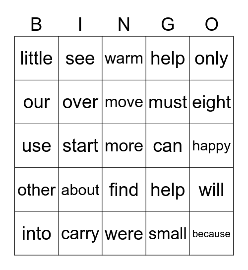 Sight Words Bingo Card