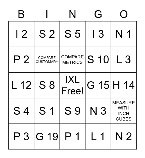 IXL MATH Bingo Card