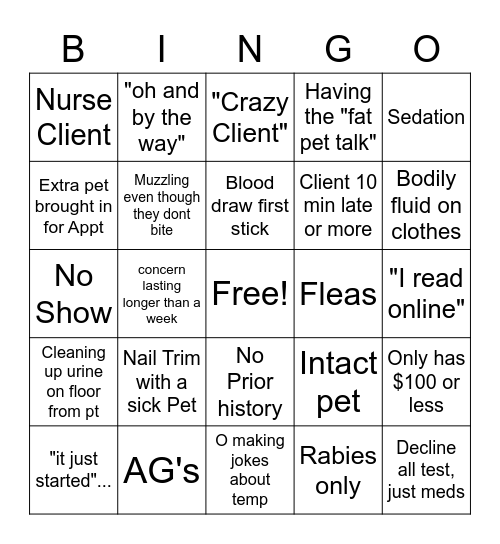 Vet Tech Bingo! Bingo Card