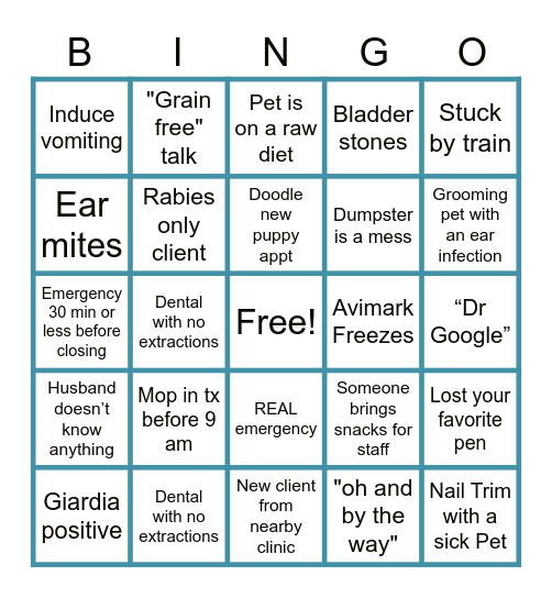 Vet Tech Bingo Card