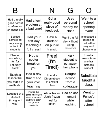 SCCSD First Semester New Teacher Bingo Card