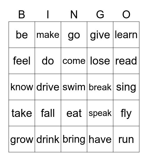 Irregular Verbs Bingo Card