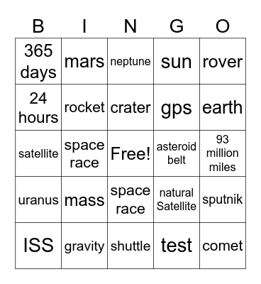 Space Exploration Distance Solar System Bingo Card