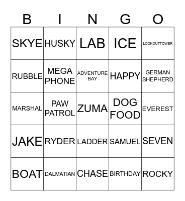 SAMMY'S PAW PATROL BINGO Card