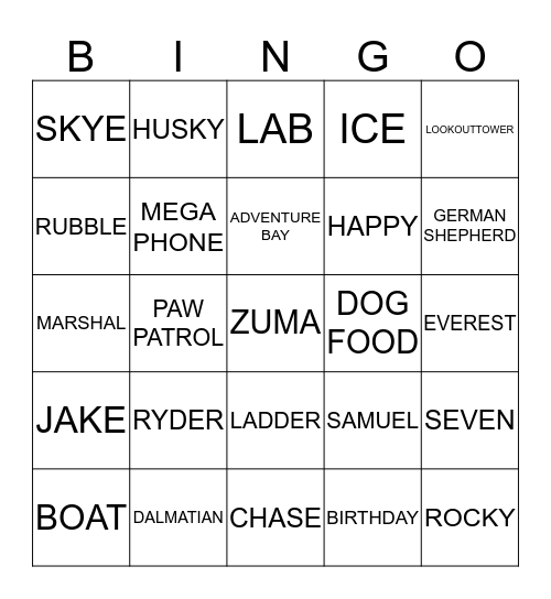 SAMMY'S PAW PATROL BINGO Card